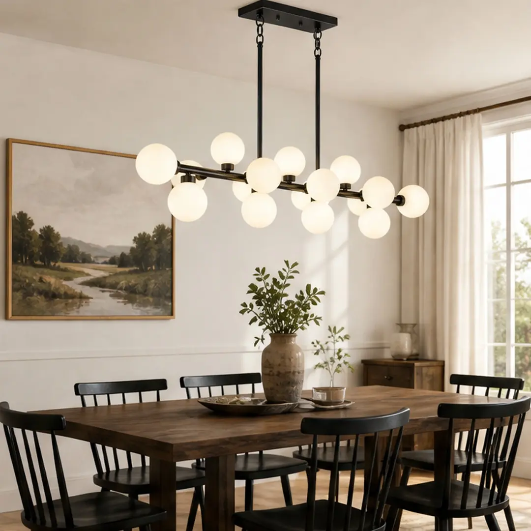 Matte Black 16-Light American Traditional Modern Farmhouse Pendant Lamp - Opal Glass Shades Rectangular Edison Ceiling Light, Ambient Decoration Lamp for Dining Room, Kitchen Island, 55.12in D x 12.13in W, No Bulbs Included, Ambient Decor Lighting, Home D