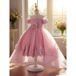 Girls' elegant dress with unique design and train beaded embroidered dress suitable for travel photo taking and important occasions