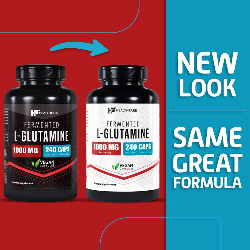 HealthFare L-Glutamine 1000mg Capsules | 240 Veg Capsules | Amino Acid Fuel for Gut & Muscle Health | Non-GMO | Gluten-Free | Support for Recovery & Wellness | Made in The USA