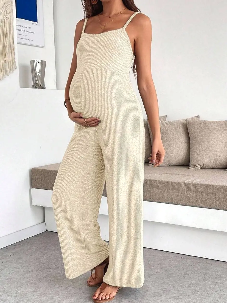 Maternity Ribbed Jumpsuit, Spaghetti Strap Sleeveless Romper, Breathable Loungewear for Pregnancy