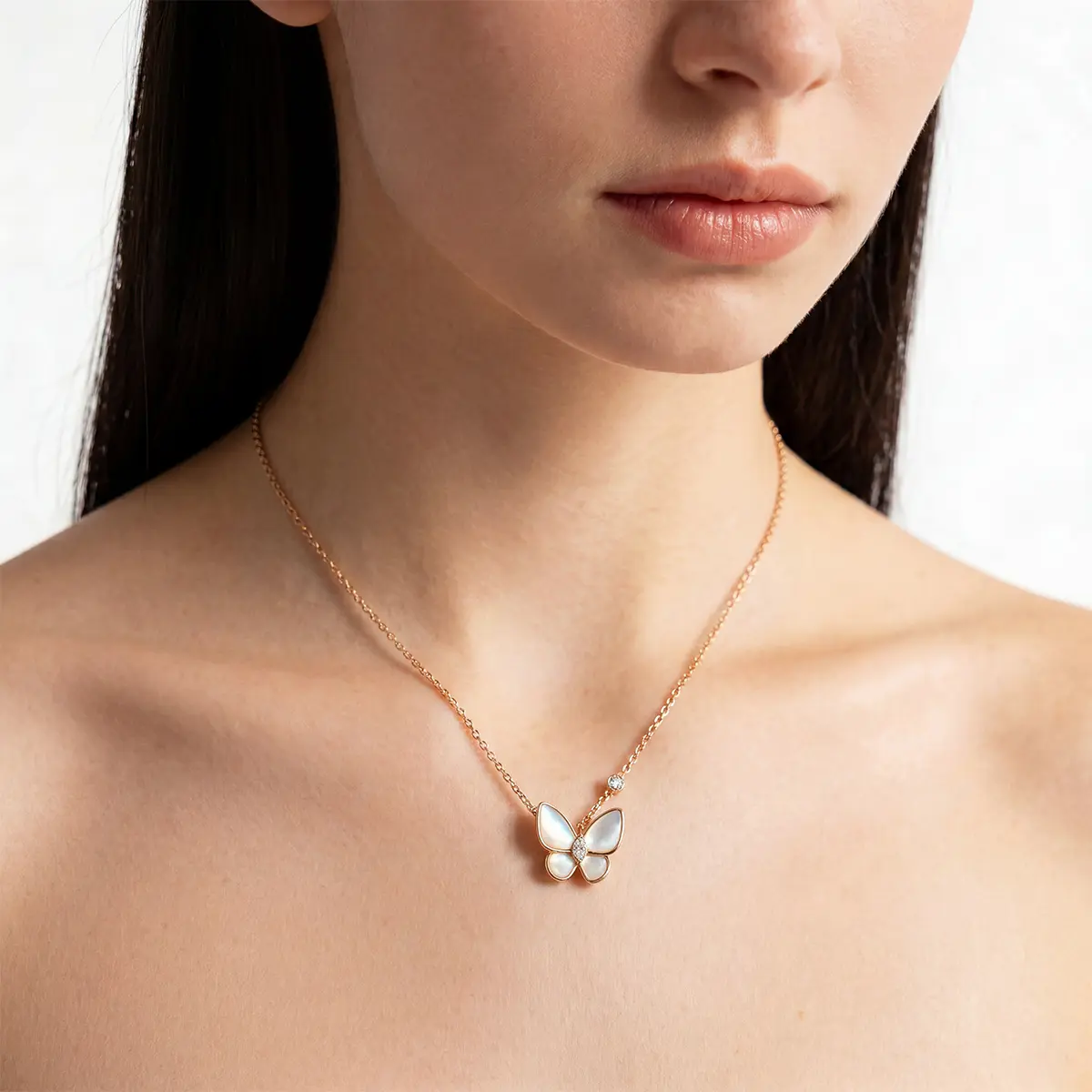 Elegant Short Fritillary Butterfly Necklace for Women, Mother-of-Pearl Pendant in Rose Gold, Tarnish-Resistant Stylish Accessories for Daily Wear, Rose Gold Aesthetic, Everyday Use, Insect Shape, Female, Copper Pendant Necklace, Casual, Aesthetic Necklace