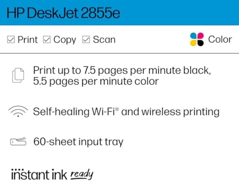 HP Deskjet 2855E Wireless All-In-One Color Inkjet Printer, Scanner, Copier, Best-For-Home, 3 Month Instant Ink Trial Included (588S5A) HP