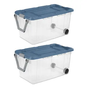 Sterilite 160 Quart Wheeled Storage Box, Extra Large Durable Clear Plastic Bin, Latch Lid, Blue, 2 Count