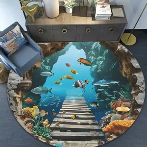 Jit-1pc Ocean World Fish Coral Round Rug, Decorative Area Rug, Non-Slip Home Decor Mat, Suitable for Living Room, Bedroom, Bathroom, Dining Room