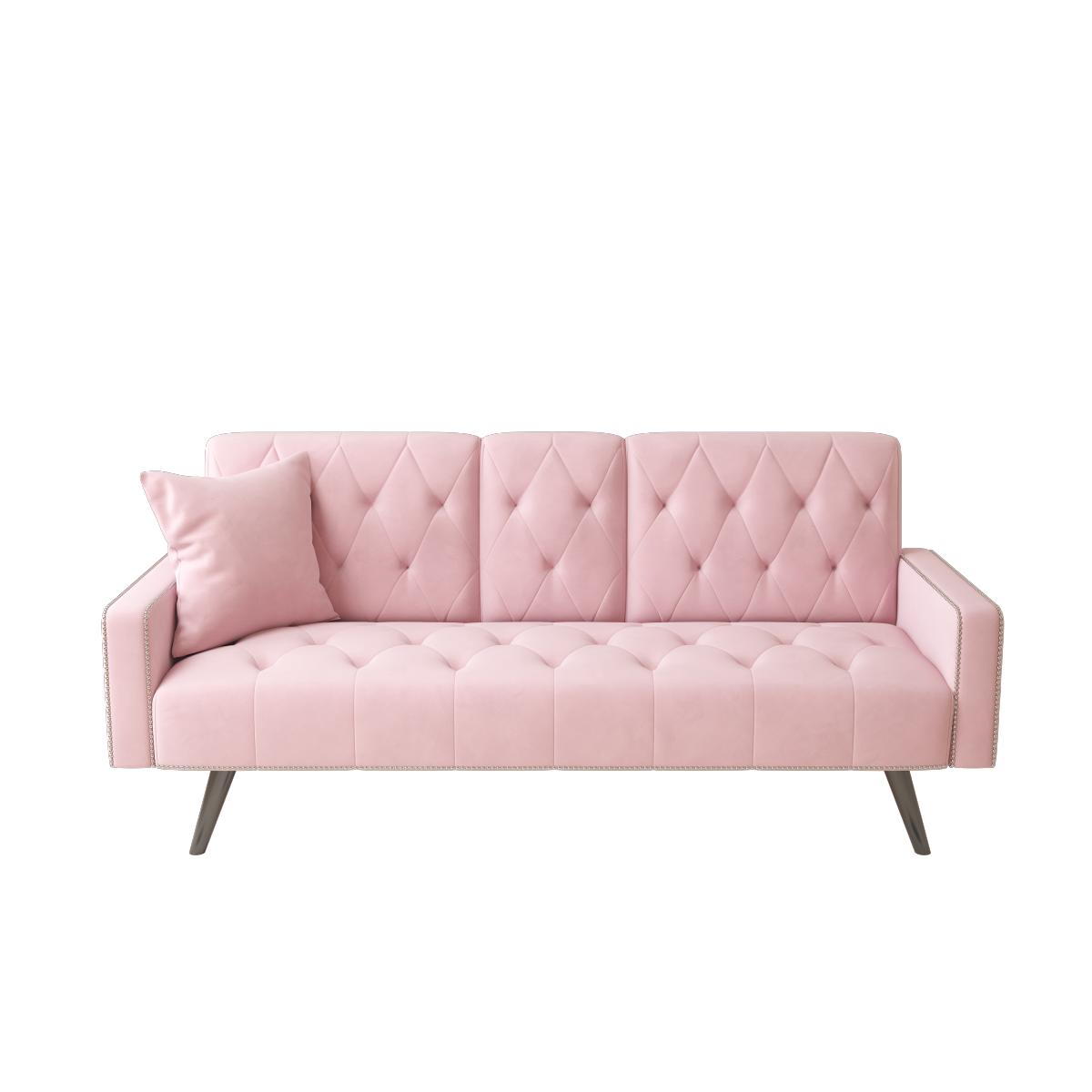 1730 Sofa Bed Armrest with Nail Head Trim with Two Cup Holders 72" Pink Velvet Sofa for Small Spaces