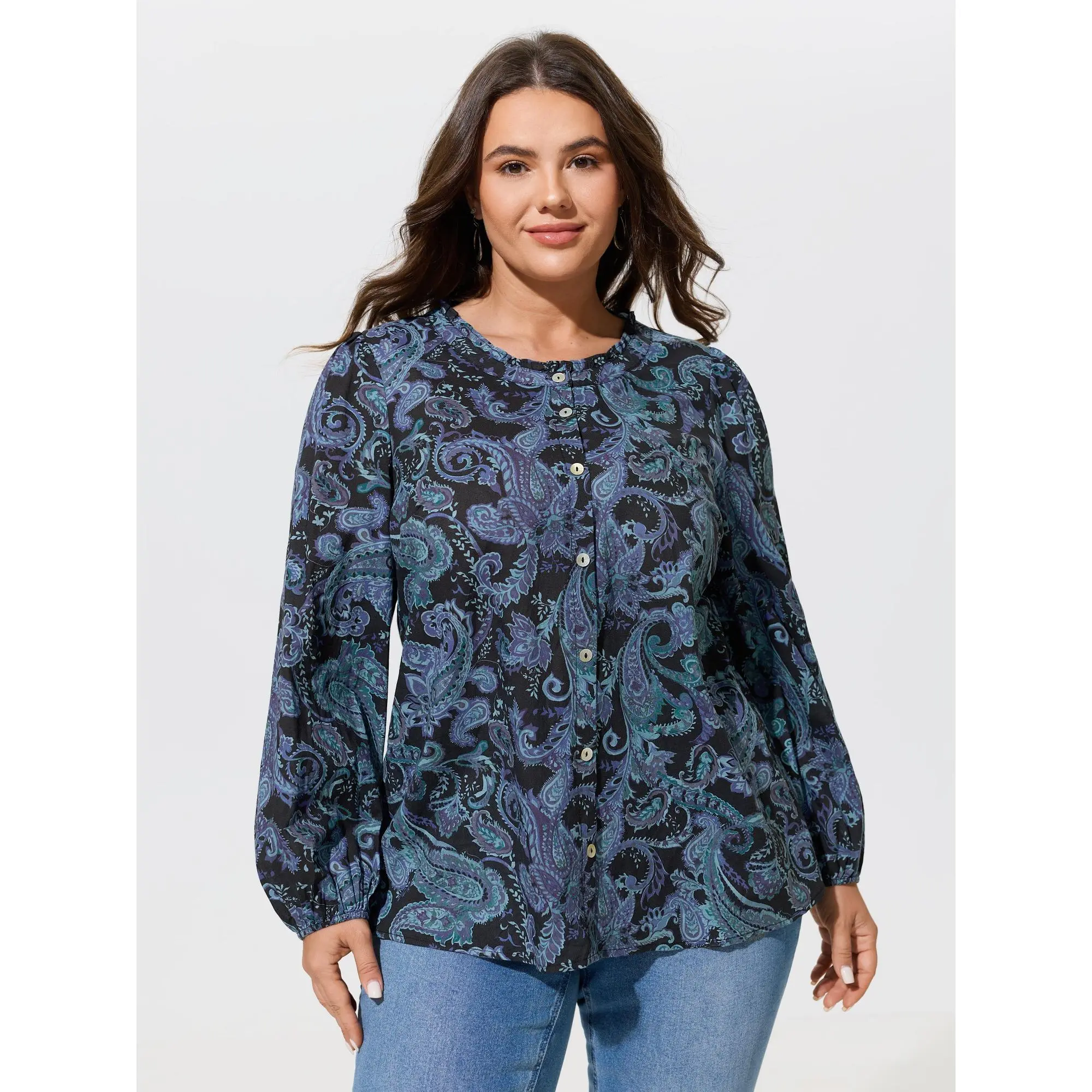 BloomChic Plus Size Cotton Ruffle Neck Paisley Print Button Front Blouse[M-6X] Back To School,Spotlight Day