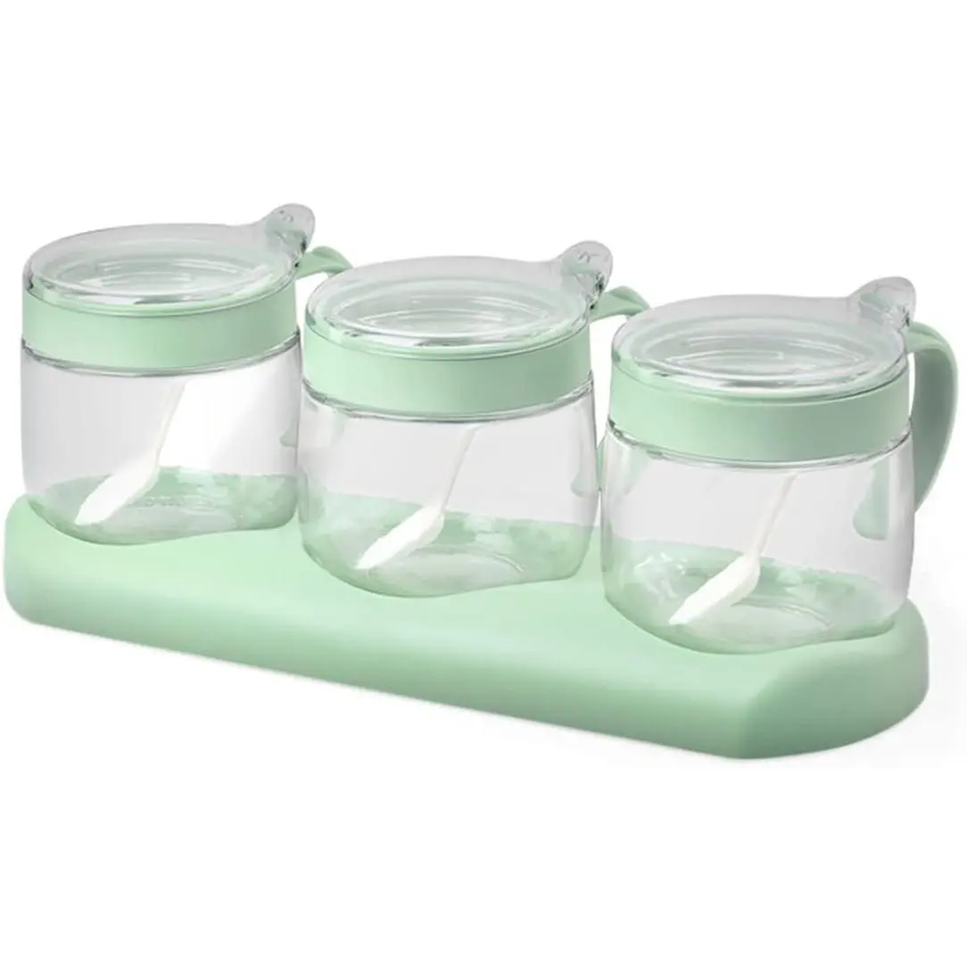 3Pack 12oz/350ml Clear Glass Seasoning Box Set Condiment Canisters Jars With Lids and Spoon for Sugar Pepper Storage on Kitchen Counter Green