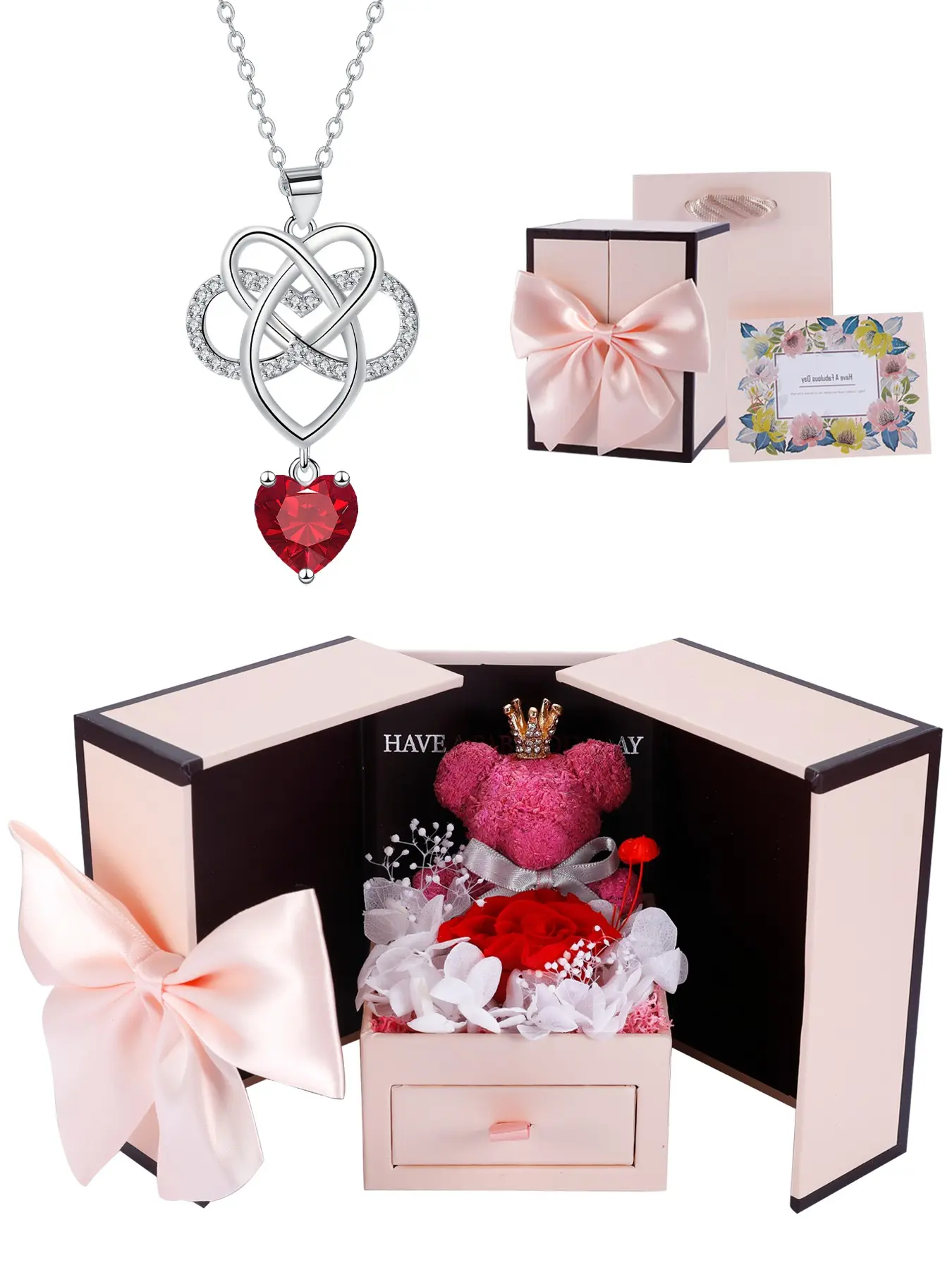 Infinity Celtic Knot Heart CZ Necklace With Moss Bear Rose Jewelry Gift Box, Irish Pendant Good Luck Jewelry Gifts for Women, Mother's Day Birthday Valentines Gift for Her Mom Wife Girlfriend, Exquisite Jewelry Gift, Love Knot Necklace
