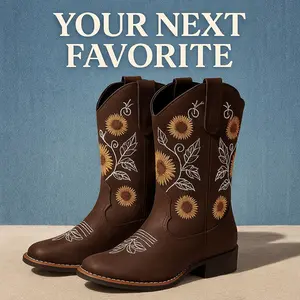 Gloryinterest Western Cowgirl Boots for Women - Perfect for Wide Calf Girls Sunflower Embroidery Stitched Square Toe Low Heel| Country Music Festivals Rodeos,Retro Theme party, Festival Celebrations & Daily Wear | Comfortable, Stylish & Durable US3-11.5