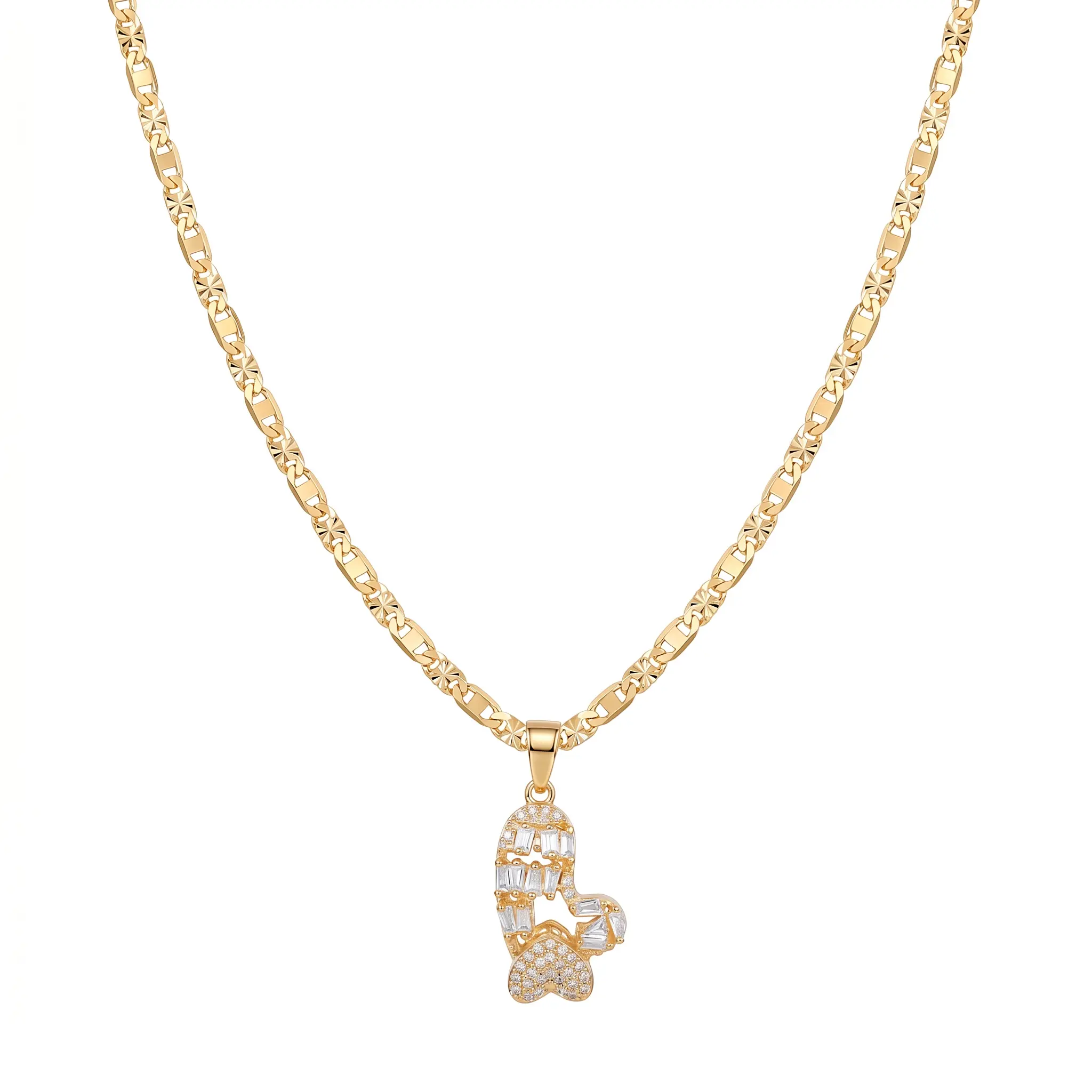 14K Gold Plated Chain Love Necklace for Women, 360° Spinning Baguette Paved Crystal Heart Shaped Bling Necklace, 23.62in Link Jewelry for Birthday & Anniversary Gifts