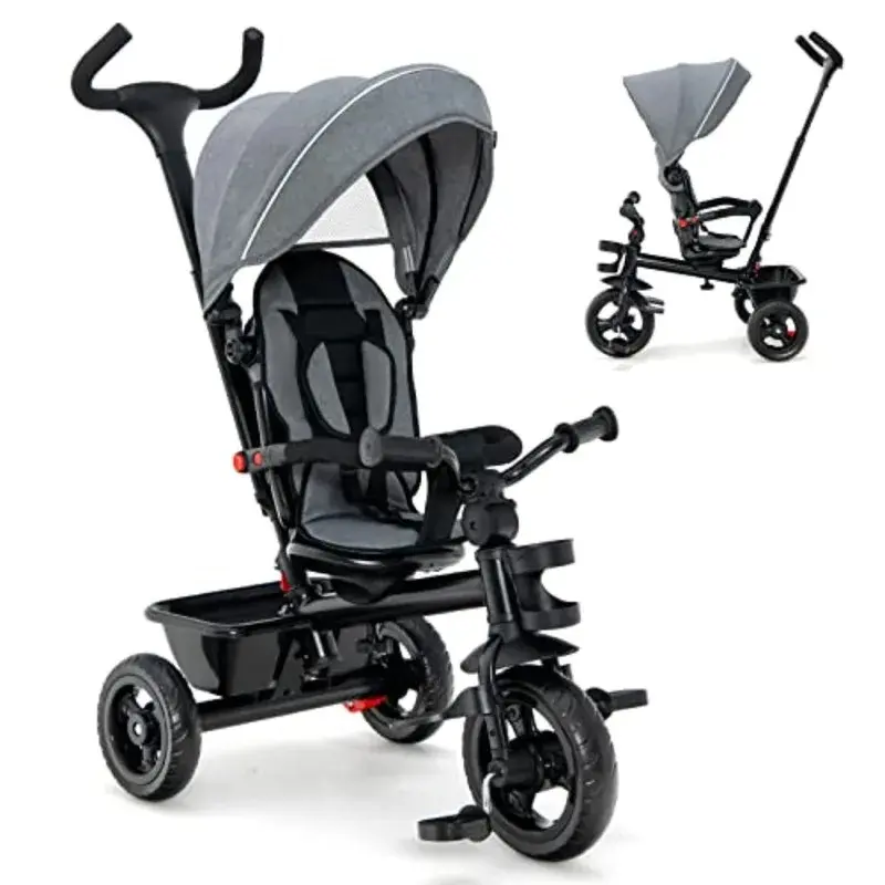 5-in-1 Baby Tricycle Stroller for Toddlers 1.5-5 Years Old with Adjustable Push Handle Canopy Reversible Seat EVA Wheels Cup Ho