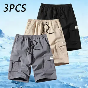 3-Pack Men’s Ice Silk Cargo Shorts, Elastic Drawstring Waist, Multi-Pocket Utility Casual Shorts, Quick-Dry Lightweight Summer Shorts for Outdoor Hiking, Travel & Everyday Streetwear, Menswear, Mid Waist, Black + Khaki + Dark Gray, Multi-Pockets tiktoksho