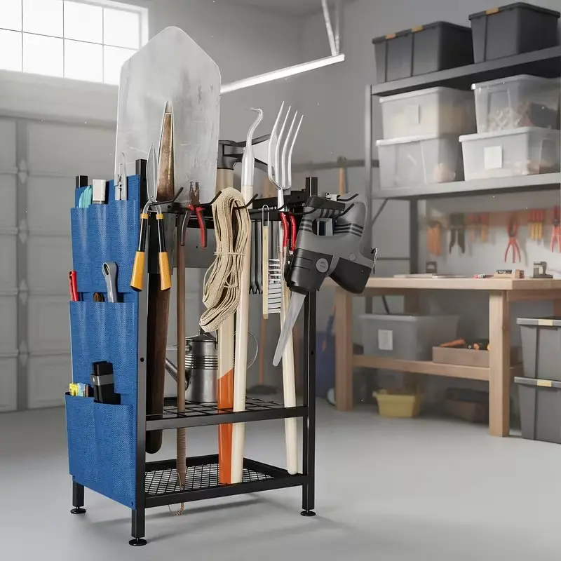Square Metal Garden Tool Organizer - Freestanding, Space-Saving Compact High-Capacity Rack, Holds Up to 35 Long-Handled Tools (Broom, Shovel, Rake), W/ Extra Storage Bag, Sturdy Black Heavy-Duty Utility Stand for Patio, Quick Assembly, Garage & Yard Organ