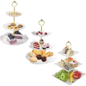 3 Set 3 Tier White Dessert Stands, Plastic Tiered Cake Stands, Fruit Candy Display Includes Square/Sakura-Shaped/Round Dessert Tiered Stand for Wedding Birthday Family Party Transparent Ornaments Decor