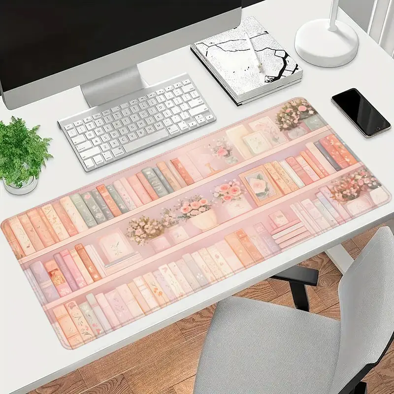 1pc Pink Bookshelf Floral Large Gaming Mouse Pad, Cozy Reading Nook Extended Desk Mat,Office Desk Accessories Non-Slip Stitched Edge Computer Mat ,Rubber Base Laptop Keyboard Pad for Home Office & Gamer,Durable and Spill-Resistant,Ideal Gift