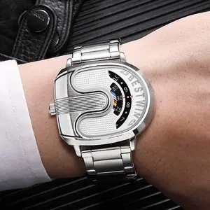 Men's Unique Asymmetric Dial Quartz Watch, Stainless Steel Band Casual Fashion Wristwatch, Creative Rotating Display Watch for Men