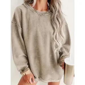 Corduroy Long Sleeve Crew Neck Solid Color Pullover Sweatshirt - Soft Micro Elasticity, Regular Length, Casual Style for Spring & Fall - Womens Comfortable Woven Crew Neck Sweater for Everyday Wear??gift??