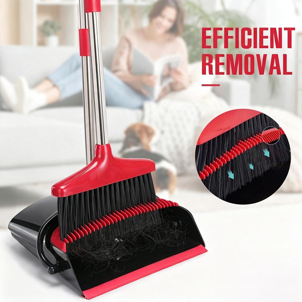 Black & Red Broom and Dustpan Set, Smooth Anti-Scratch Bristles, Hardwood Tile-Friendly, Durable Handle for Indoor Bedroom & Garage Floor Tidying