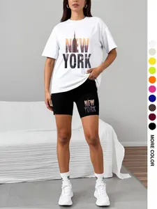 Women's Two-Piece Set    City Name Letter Print   Letter Print  Short Sleeve Round Neck Top   Printed Tight Shorts  Perfect for Commuting  Daily Wear  Outdoor Activities