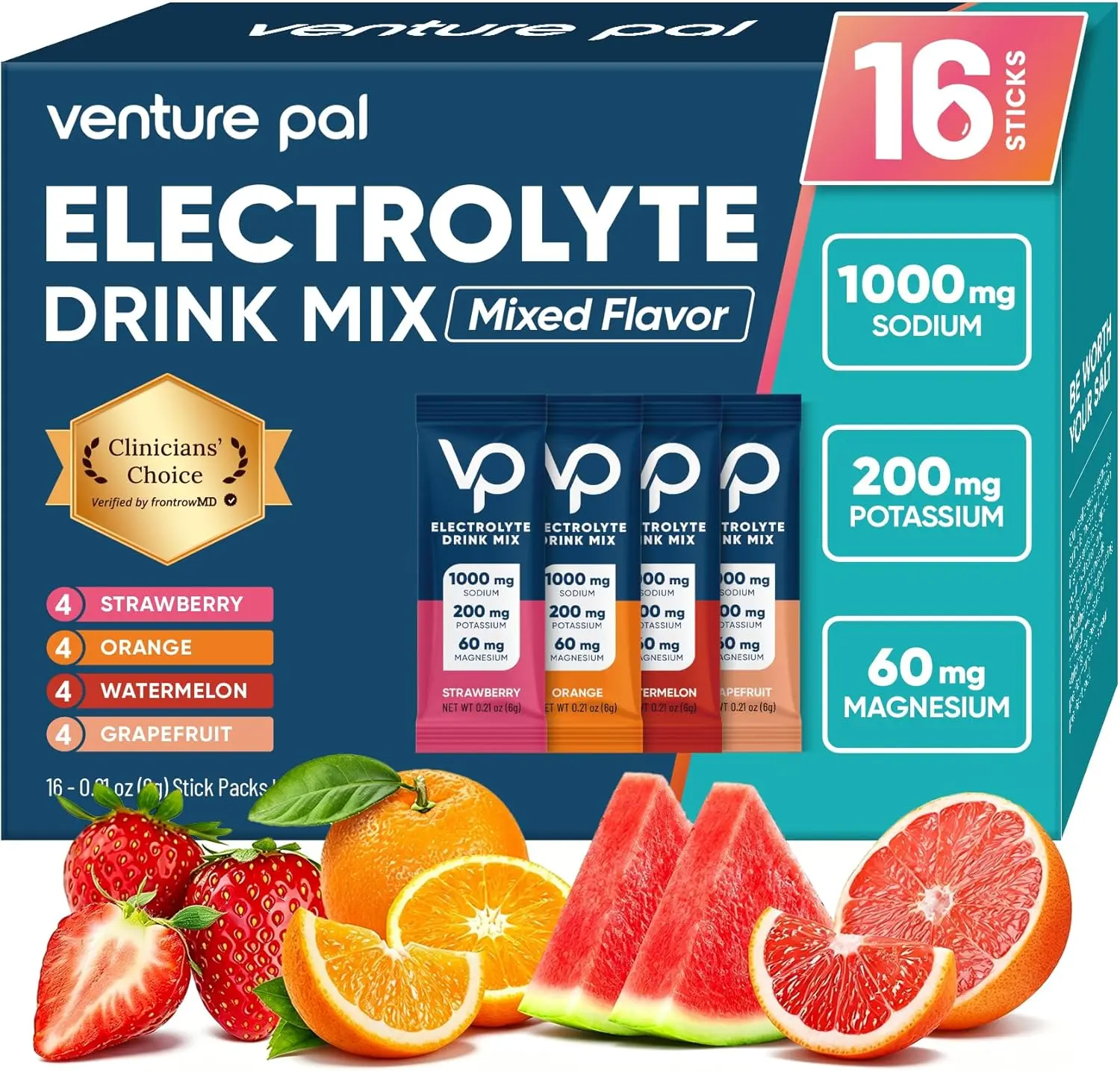 Venture Pal High Sodium Sugar Free Electrolytes Powder Packet, 16 Sticks | Hydration Packets with Vitamin, Sodium & Potassium, Zero Calories, Vegan, Keto & Paleo Friendly Electrolyte Drink Mix