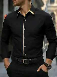 Men’s fashion casual business commuter long-sleeve shirt with contrast piping and buttons; a simple, slim-fit men’s shirt suitable for work, dates, and parties.