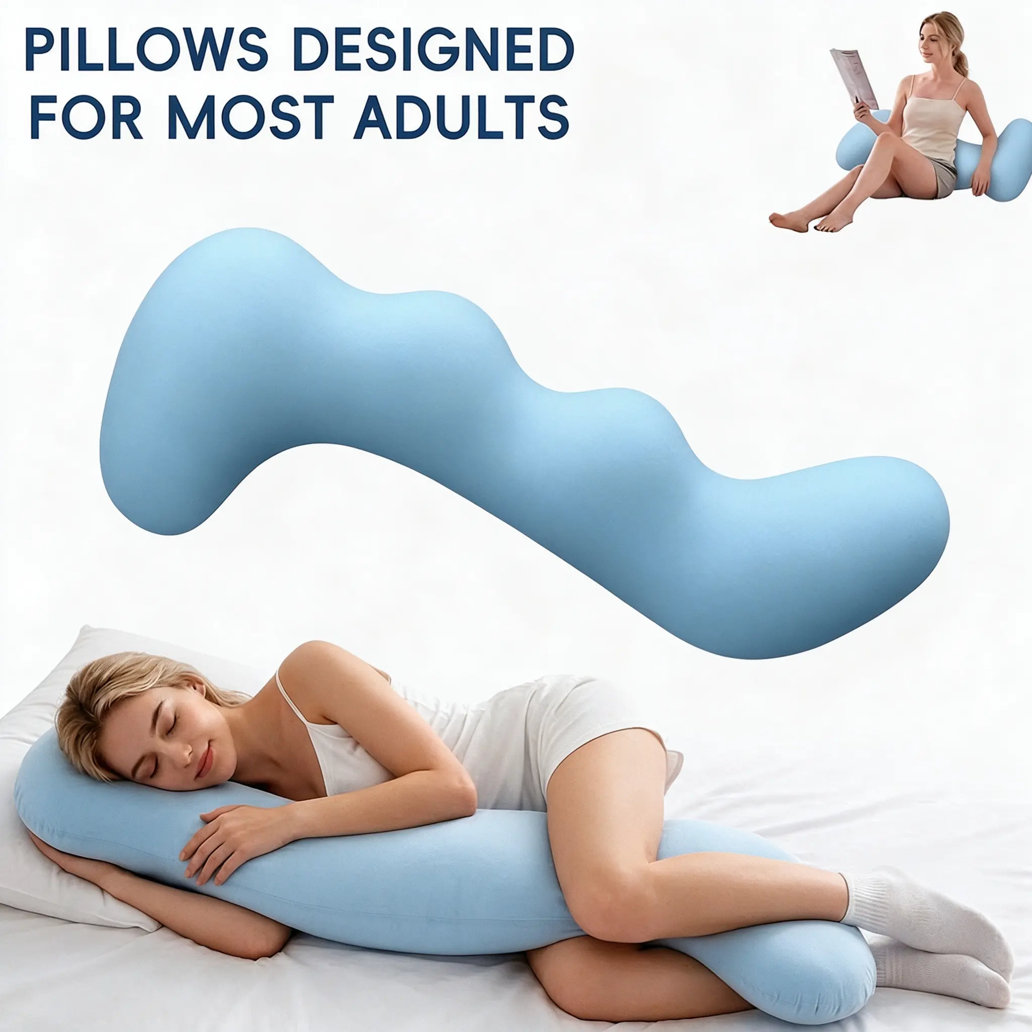 Ergonomic Contoured Full Body Pillow for Side Sleepers, Cooling Skin-Friendly Fabric, 4-Zone Targeted Support Pillow, Pressure Relief for Arm, Back, Hip, Knee & Leg