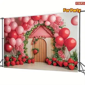 2D Flat Banner, 1pc pink & red balloon Party Backdrop, Wedding Arch Backdrop, Party Decorations - whimsical 2d decor with strawberries, flowers & wooden house design for birthdays, weddings, youngsters showers, Christmas & valentine's day, no electri