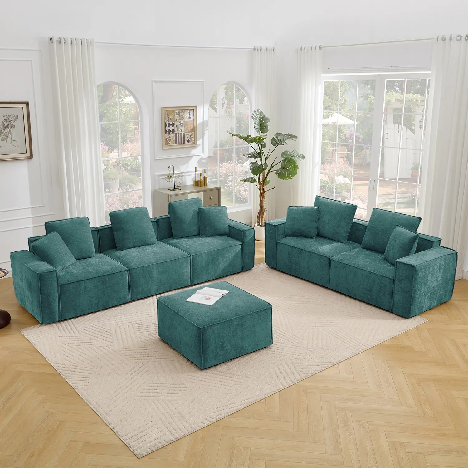 Tbfit Modular Chenille Cloud Sectional Sofa with Wide Armrests & 8 Pillows, Deep Seat 6-Seater Couch for Living Room, Green