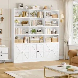 FOTOSOK Triple Wide Bookshelf, 4 Tier Bookcase with 6 Doors, 72"Tall Bookshelf with 12 Display Cubbies, Farmhouse Large Bookcase for Home Office Living Room 2PCS