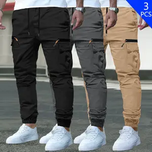 3-Piece Men's Casual Overalls - Stylish Solid Polyester, Multi-Pocket Design for Outdoor Activities and Commuting, Non-Stretch Fabric with Zipper Details for Everyday Comfort | Casual Style Pants |