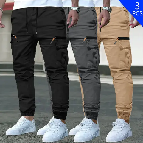 Men's 3-Piece Plain Polyester Casual Cargo Overalls Pants - Loose-Fit, Multi-Pocket, Drawstring, Non-Stretch, Zipper-Detailed Menswear Sportswear for Outdoor, Office Use