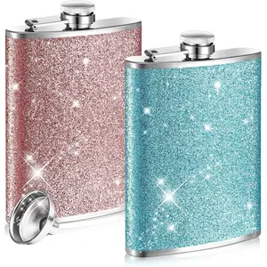 2 Pack 8 oz Glitter Bling Flask for Liquor - Cute Stainless Steel Flask with Funnel - Leakproof - Perfect for Women, Whiskey, Wine, or Alcohol Drink - Great for Christmas, Wedding Party