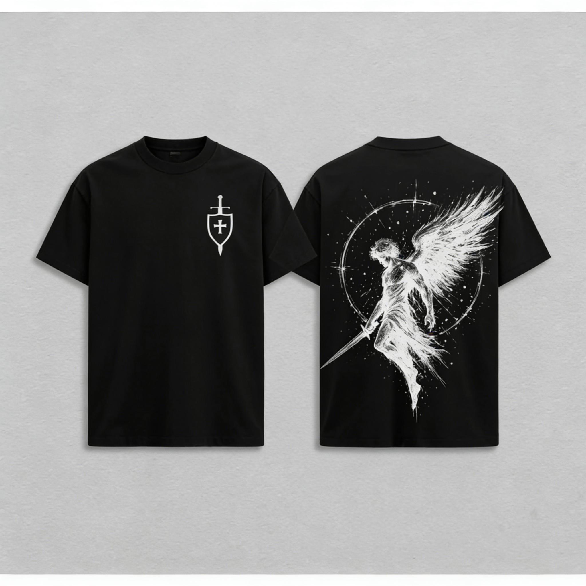 Sanctus Michael Archangelus x Flaming Sword x Shield x Scales of Justice Archangel Michael T-Shirt Washed Church Outfit Gym Pump Cover ,Christian Religious , Jesus Apparel Unisex 100% Cotton T-shirt