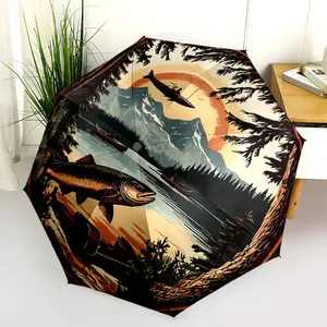 1 PC Automatic Folding Umbrella - Fisherman's Dream: River Canoes and Trout Pattern, Portable & Foldable Design with 8 Ribs, Merry Christmas Pattern,Casual Outdoor Accessory Halloween and Christmas Birthday Gifts. G0026