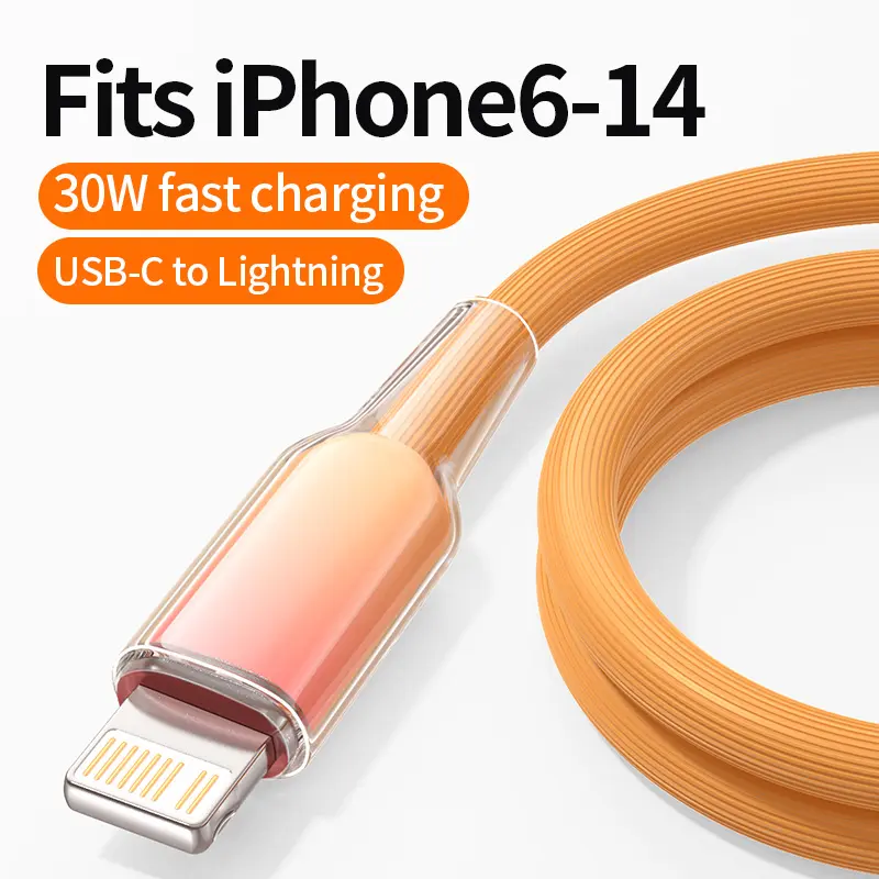 Transparent  Gradient USB C to Lightning PD Fast Charging Cable,iphone Lightning cable,2M Extra Long Heat Resistant Durable Data Transfer Charging Cord Compatible with iPhone 6-14 plus pro max Series,Supports up to 30W fast charging Cable