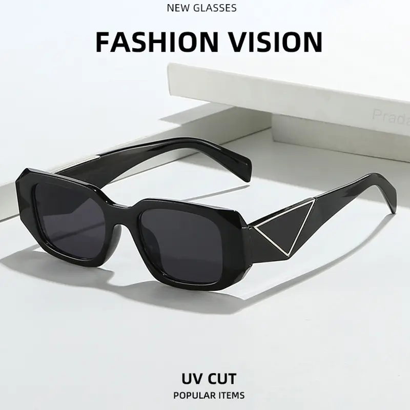 Retro Rectangular Sunglasses for Women Men, Trendy Thick Frame Shades with Triangle Logo, UV400 Protection Eyewear for Outdoor Driving Travel Beach Party