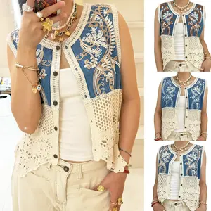 Women's Boho Embroidered Denim Vest - Sleeveless V-neck Button Up Vest Denim Jacket