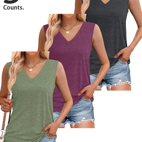 1 Pieces/3 Pieces Women's Solid Color V Neck Sleeveless Vest Top Womenswear, Casual Summer Sleeveless Basic Loose-Fitting Comfortable Fabric, Available in 6 Colors, Perfect for Daily Wear