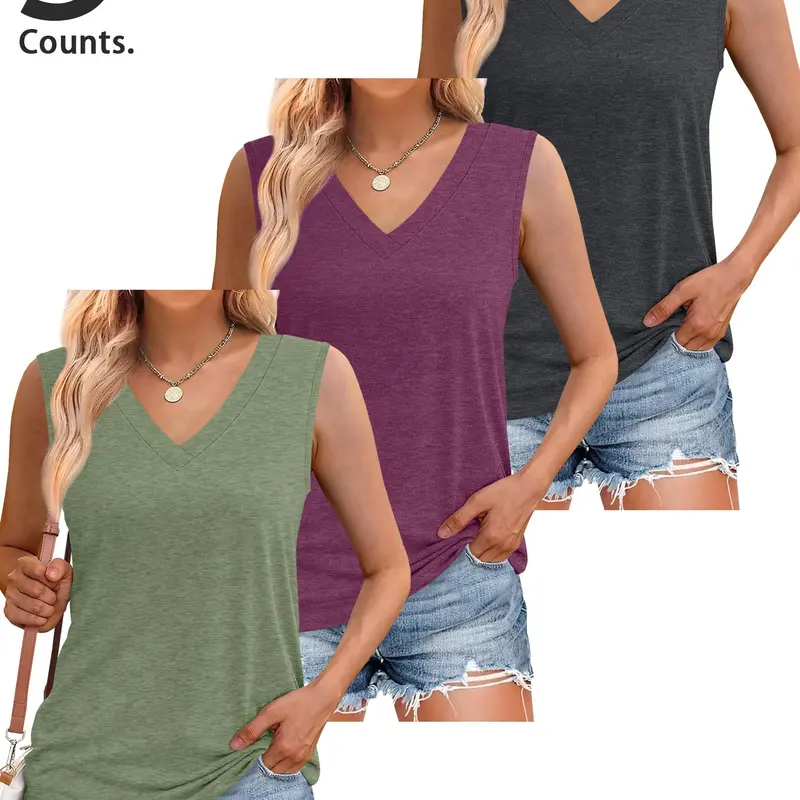 1 Pieces/3 Pieces Women's Solid Color V Neck Sleeveless Vest Top Womenswear, Casual Summer Sleeveless Basic Loose-Fitting Comfortable Fabric, Available in 6 Colors, Perfect for Daily Wear
