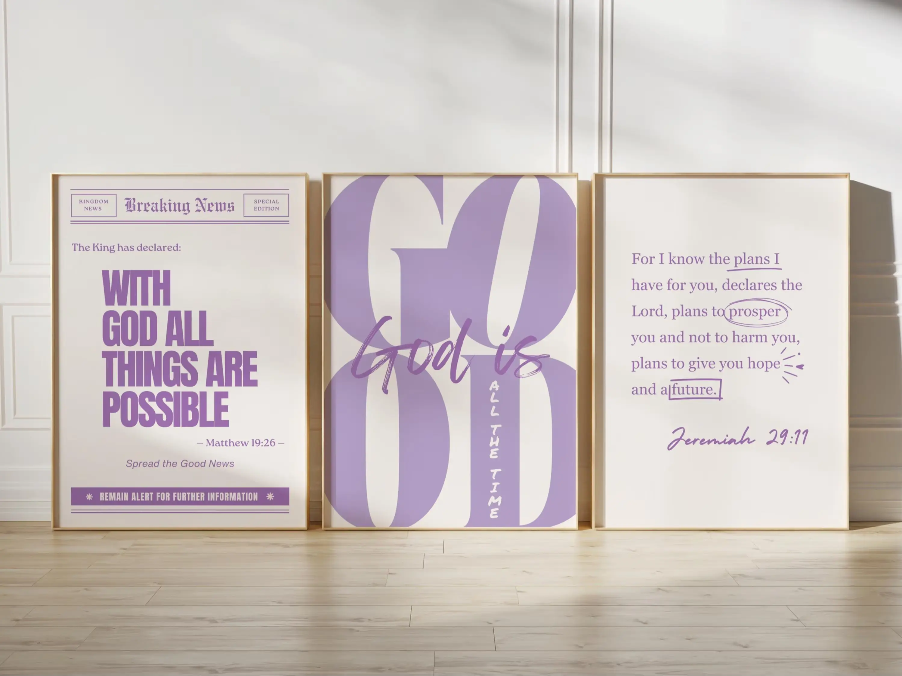 Set of 3 Purple Girly Christian Set of 3 poster Unframed Lavender God is Good All The Time Print Jeremiah 29 11 Wall Art With God all Things Are Possible