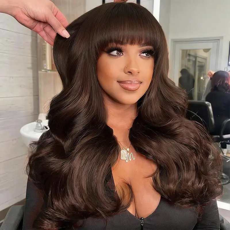 [NEW IN] West Kiss Dark Brown Glueless Bang Wig Body Wave 5x5 Lace Closure Wig With Bangs Ready To Go Human Hair Wig