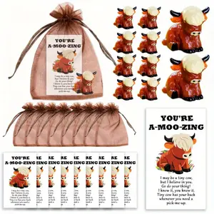 12sets[36pcs Highland Cattle Ornament Gifts] Highland Cattle Party Favors Set, With Resin Ornament, Inspirational Card, Brown Organza Bag, For Cattle Themed Celebrations, Farm Party Gatherings, Birthday Holiday Celebrations, Gifts Of Encouragement