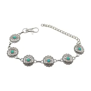 Trendy Fashion Jewelry Women Western Boot Metal Chain Bracelet Anklet Shoe Turquoise Flower Charm Wrap Around Silver