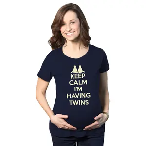 Maternity Keep Calm I'm Having Twins T Shirt Cute Funny Pregnancy Announcement Tee Funny Graphic Maternity Tee Cute Pregnancy Tees With Plus Sizes Pregnant Funny Meme Short Sleeve Maternity Shirts Navy