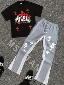 Men's Cross & Angel Print Tee and Contrast Panel Flare Sweatpants Streetwear Set