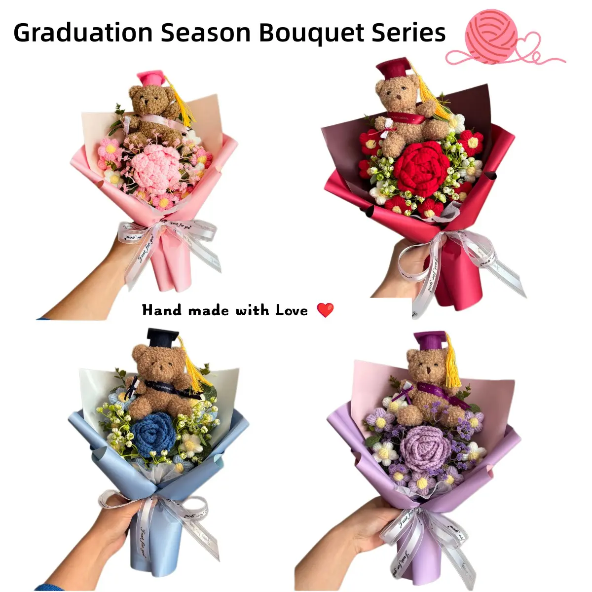 Handmade Knitted Rose Bouquet with Teddy Bear, Mother's Day Gift, Graduation Party Decoration, Artificial Flower Arrangement, Artificial Roses Bouquet, Decorative Bouquet, Includes Packaging