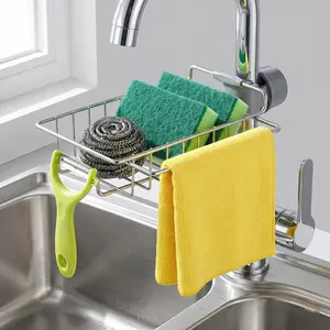 Tool-Free Sponge Holder & Dish Cloth Hanger, 360° Adjustable Kitchen Countertop Organizer Rustproof Stainless Steel Faucet Sink Caddy