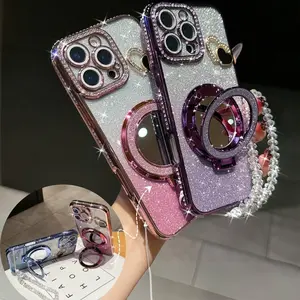 Luxurious Gradient Glitter Frame Phone Case with Mirror Stand, Magnetic CD Mirror Feature, Compatible with iPhone 16 15 14 13 12 11 & Samsung S23-S25 Series