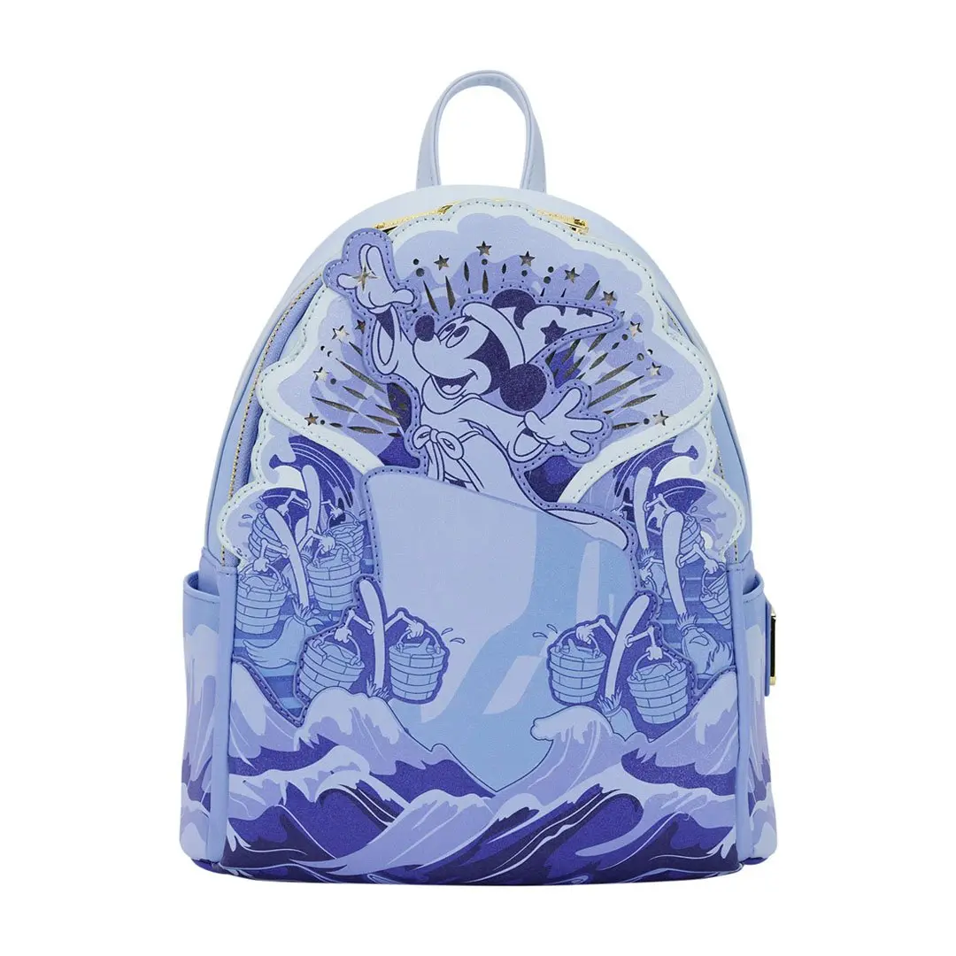 Loungefly Disney Fantasia Sorcerer Mickey Light-Up Basic Female Minibackpack, Shimmer Faux Leather, Gold Foil, Magic Brooms Graphic Print, Light-Up Star, Adjustable Strap, Functional, 9in W x 10.5in H x 4.5in D Collectible Casual Luggage Bag