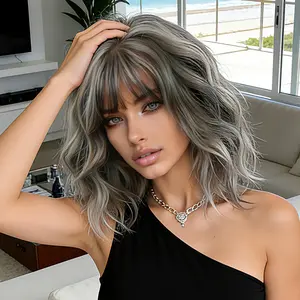 AOLIDA Women's 12-in Grey with Highlight Glueless Wavy Bob Wig, Short Soft Wave Heat-Resistant Synthetic Full Machine Wig with Bangs, Glueless Wear Wig
